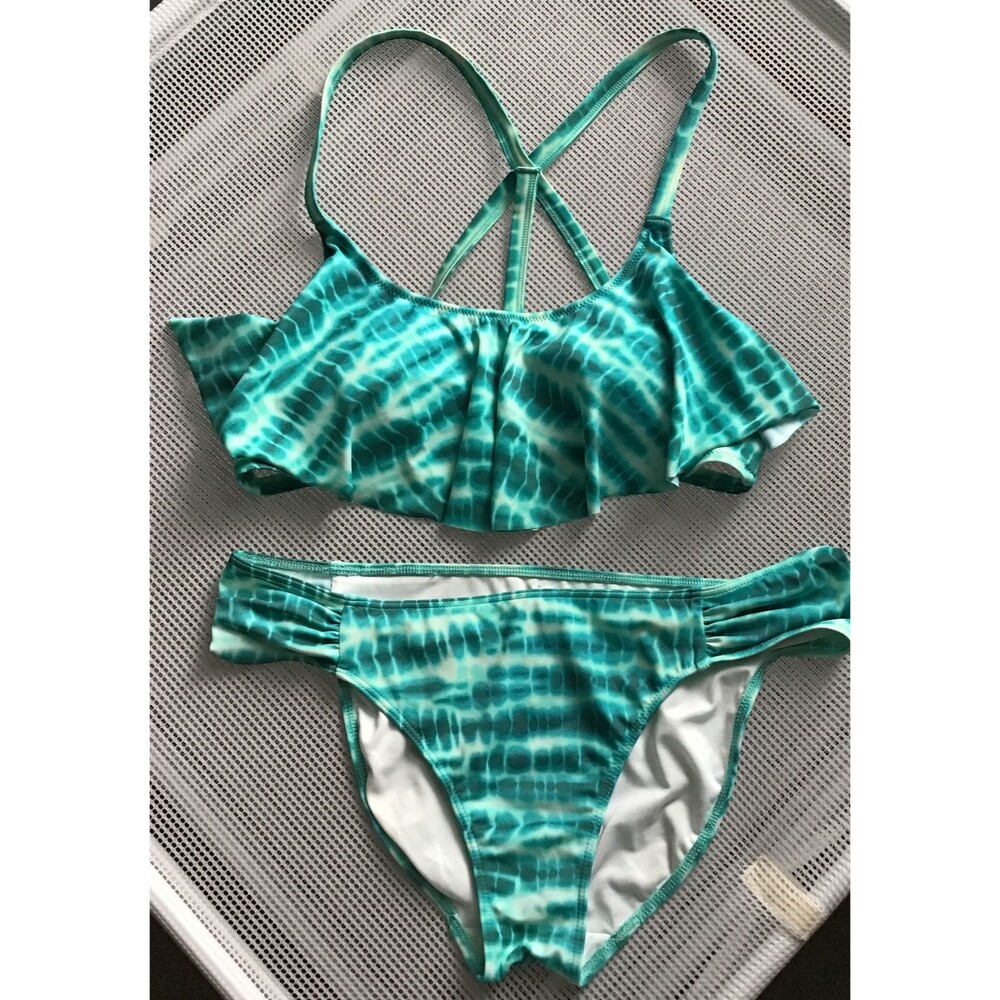 EUC Victoria's Secret PINK Teal Tie Dye/Shibori Ruched & Flutter Top Bikini Med.